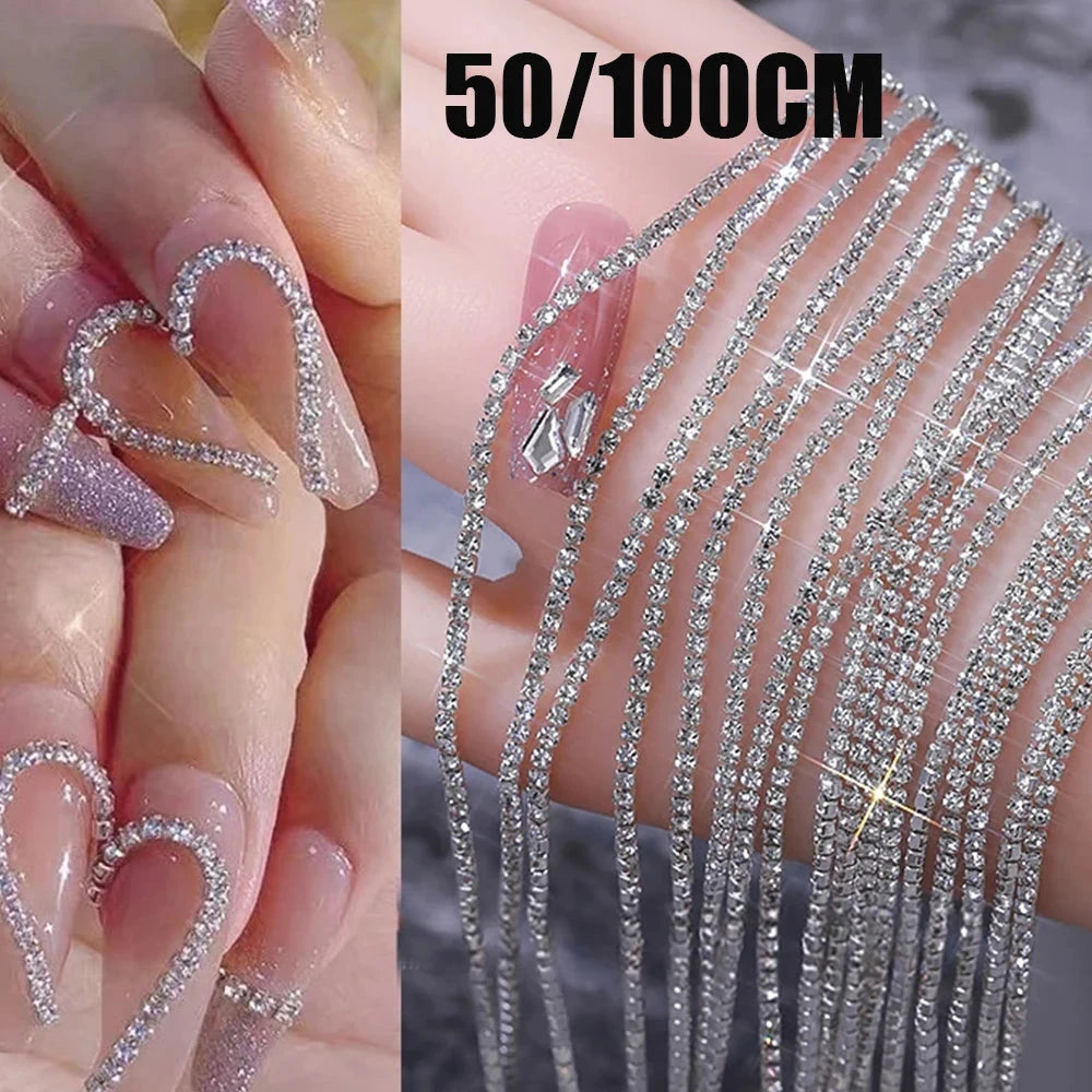 100/50cm Long Luxury Crystal Chain Nail Charms 1.5/2mm Shinying Clear/AB Diamond Nail Art Metal Steel French Manicure Crystal Econic Blanks
