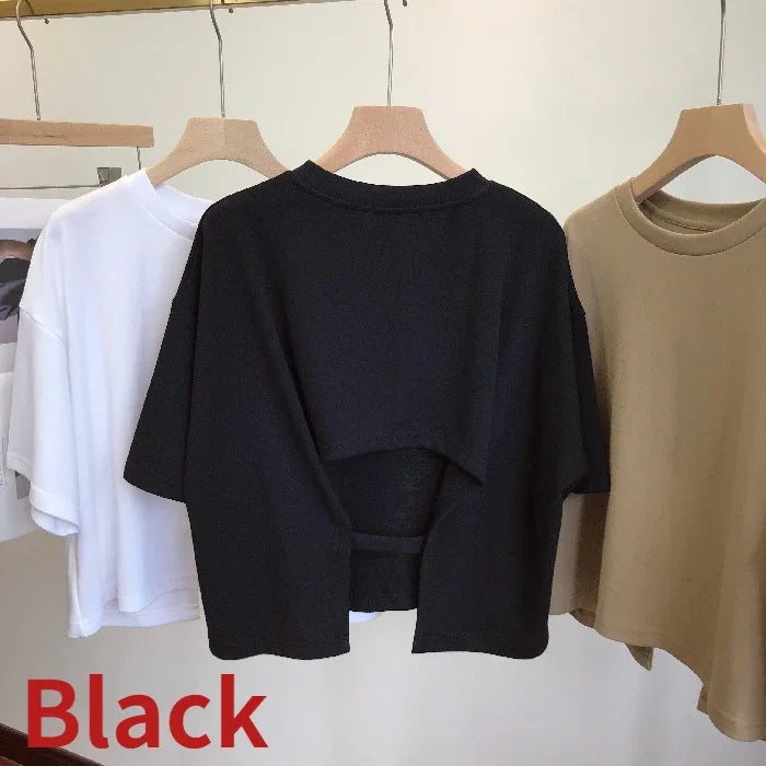 Summer New Ladies Casual Backless T-Shirt 2023 Korean Women Round Neck Loose Sweet Spicy Wind Short-Sleeved Crop Tops Quick Pick Grocers