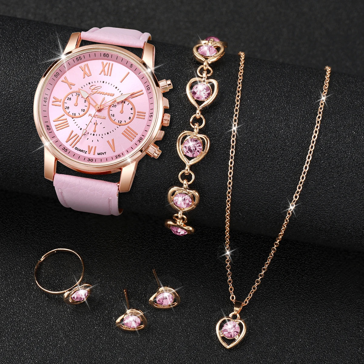 5/6PCS Fashion Women's Quartz Watch Leather Band Analog Wrist Watches Heart Rhinestone Jewelry Set(Without Box) Quick Pick Grocers