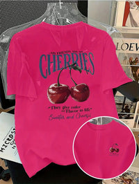 Summer Sweeter Cherries Prints T-Shirts Womens Cotton Oversized T Shirts Basic O-Neck Short Sleeve Tops Casual Woman Clothes Quick Pick Grocers