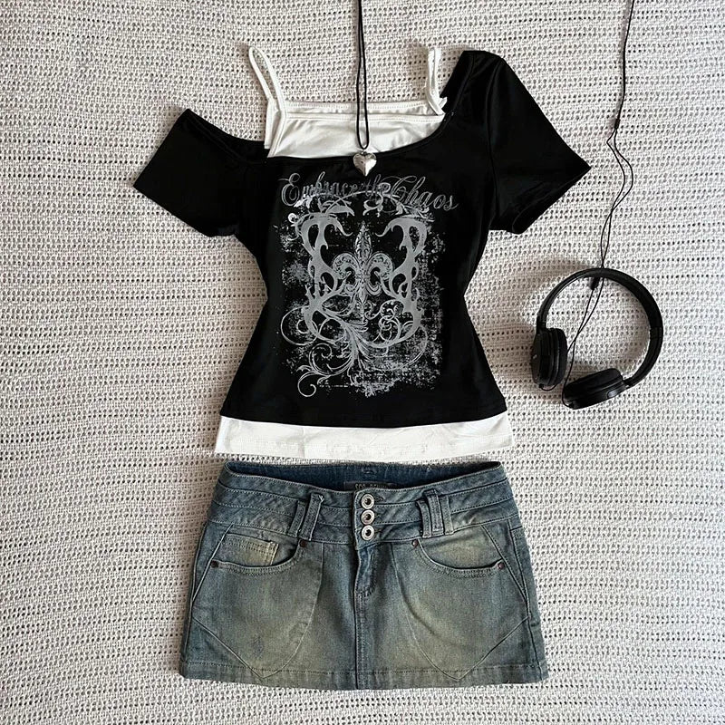 Women's 90s Vintage Punk T-Shirt Summer Streetwear Sexy Short Sleeve Gothic Slim Crop Top Hotgirl Casual Femme Tee Harajuku Y2k Quick Pick Grocers