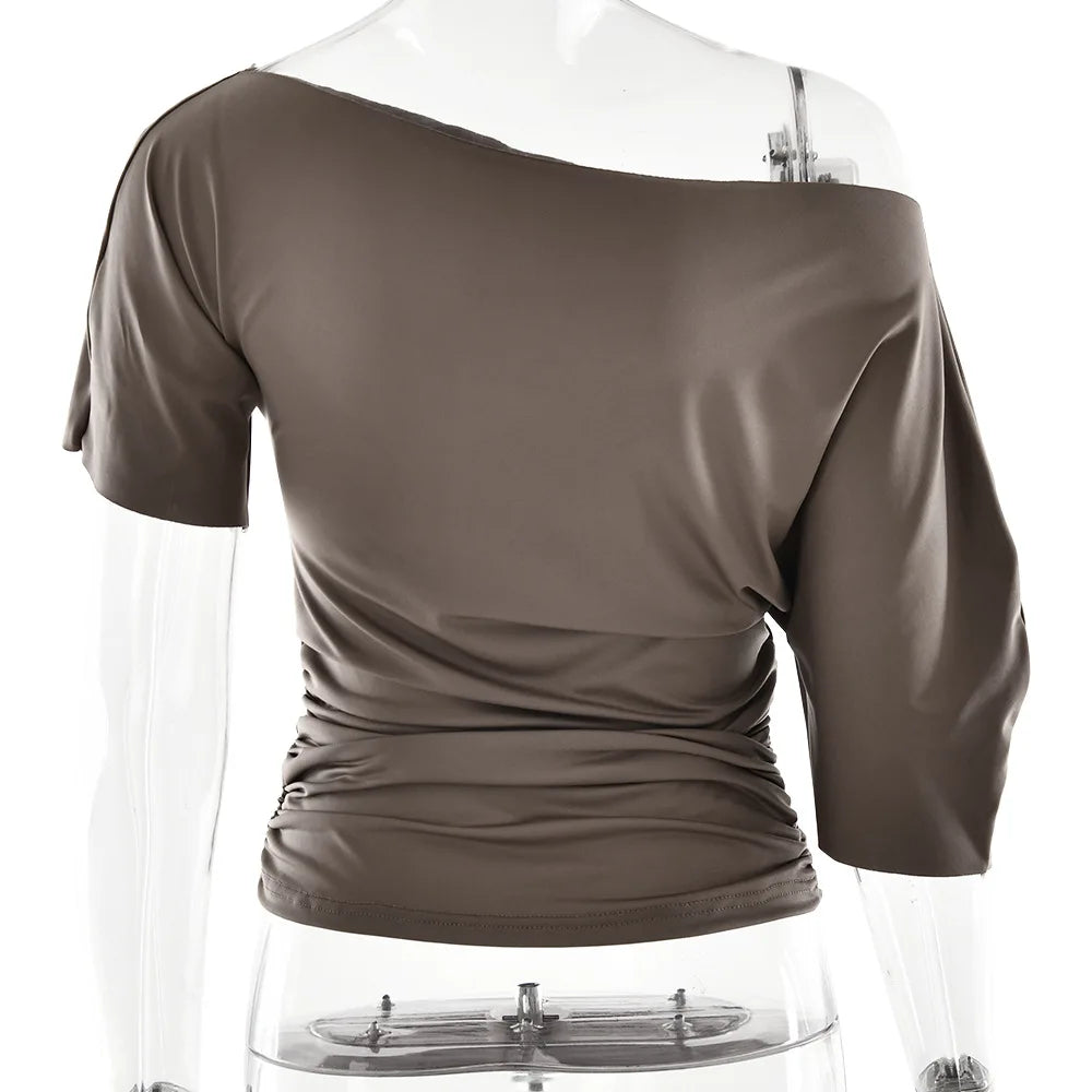 Off Shoulder Ruched Crop Top Women Basics Solid Color Skew Collar Short Sleeve T-shirts Summer Casual Streetwear Tees Quick Pick Grocers