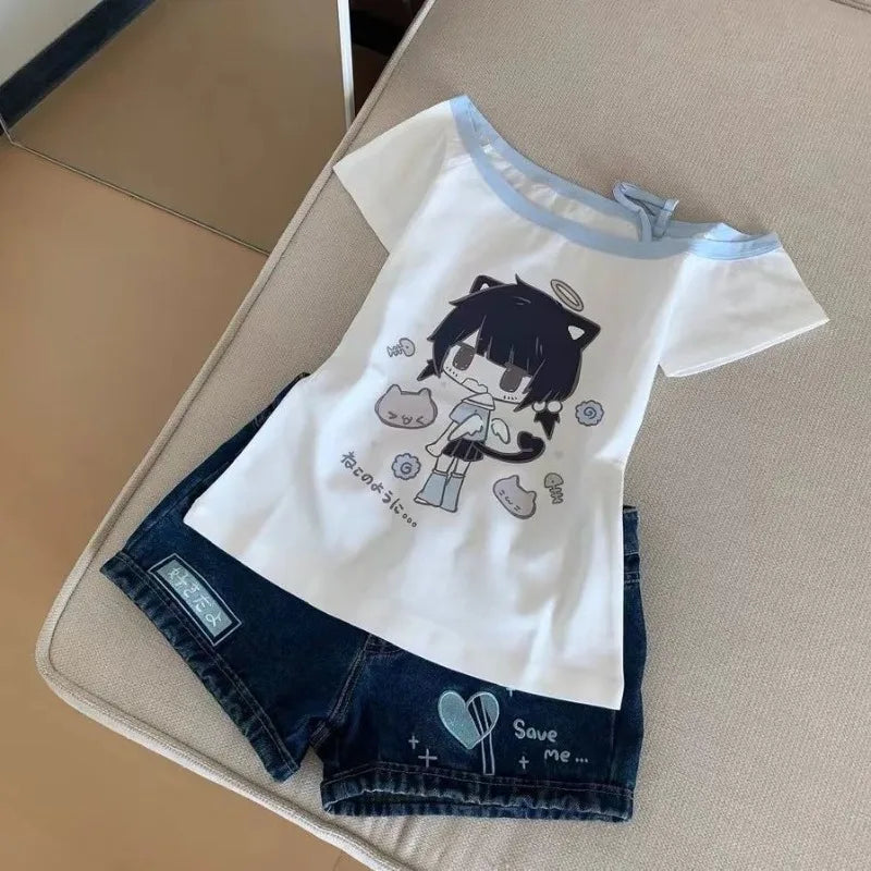 Japanese Y2K Print Skew Collar T-Shirts Summer Off Shoulder Short Sleeve Tee Shirt New Loose All-Match Top for Women Quick Pick Grocers