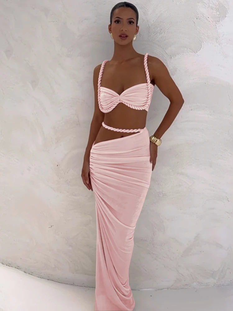 kliou Woven Sexy Women 2 Piece Set Stunning Hot Solid Pleated Crop Camisoles+High Waist Maxi Skirts Female Trend Vacation Outfit Quick Pick Grocers