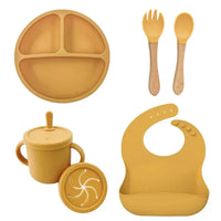 Food Grade Silicone Child Dish Set Baby Feeding Bowl Suction Plate Straw Cup Wooden Spoon Fork for Kids Tableware Toddler Dishes Purest Peak