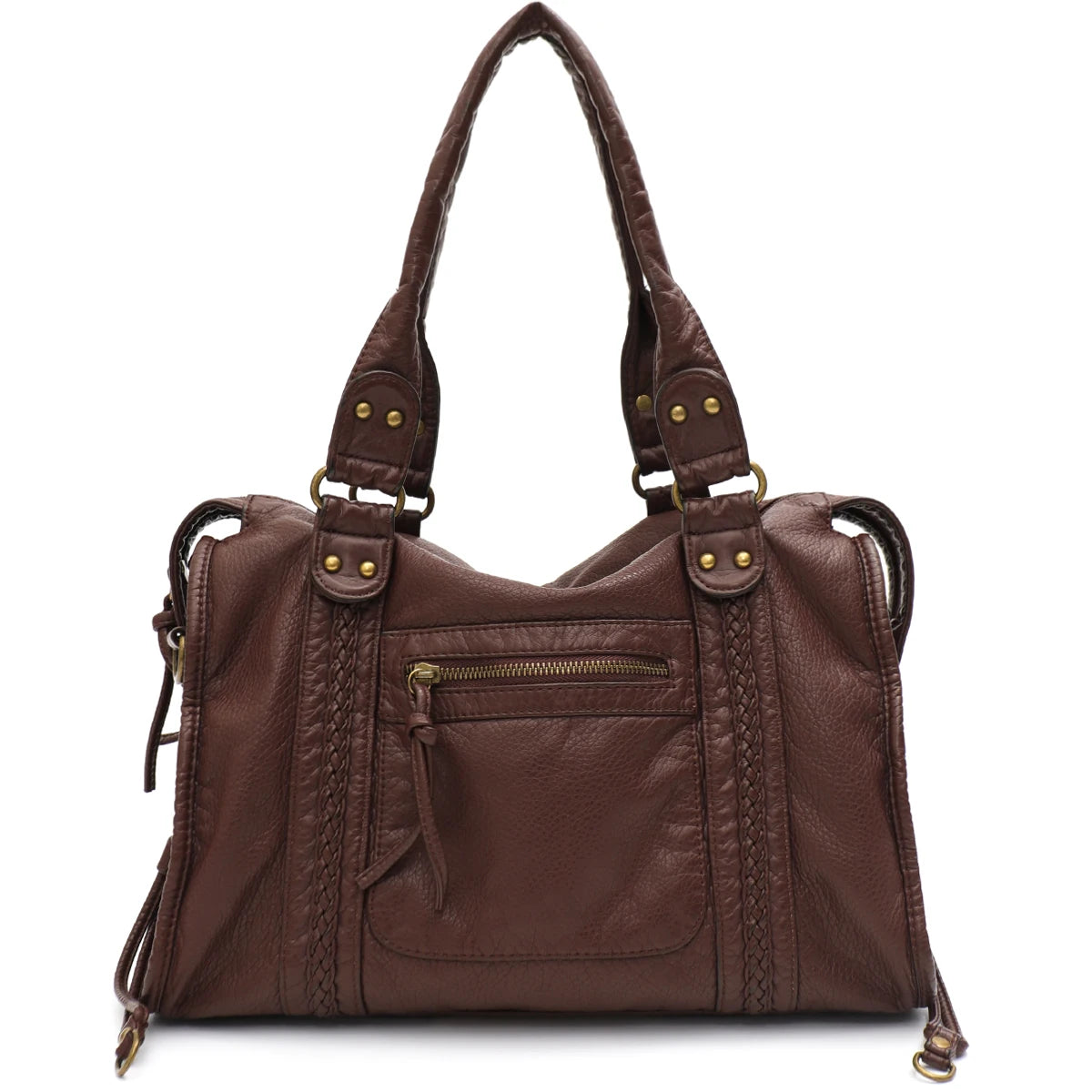 Vintage Washed PU Leather Large Capacity Tote Zip Pockets Braid Decor Shoulder Cross body Bag Unisex Women Daily Travel Handbag Quick Pick Grocers