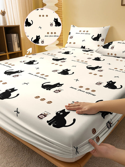 1 Cartoon Cute animal Cat printed matte Fitted Sheet, bedroom printed bed cover, bedding (excluding pillowcases) Quick Pick Grocers