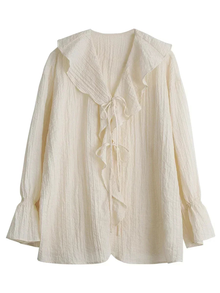CHIC VEN Women Shirt Loose Casual Ruffled Edges Female Blouses Solid V Neck Lace Up Mid Length Ladies Shirts Spring Summer 2026 Quick Pick Grocers