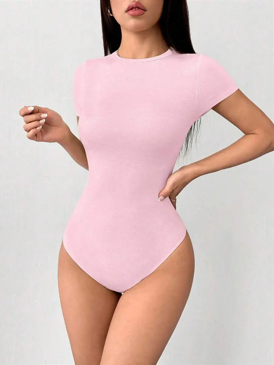 Petite Solid Slim Fit Short Sleeve Bodycon Bodysuit for Women Quick Pick Grocers