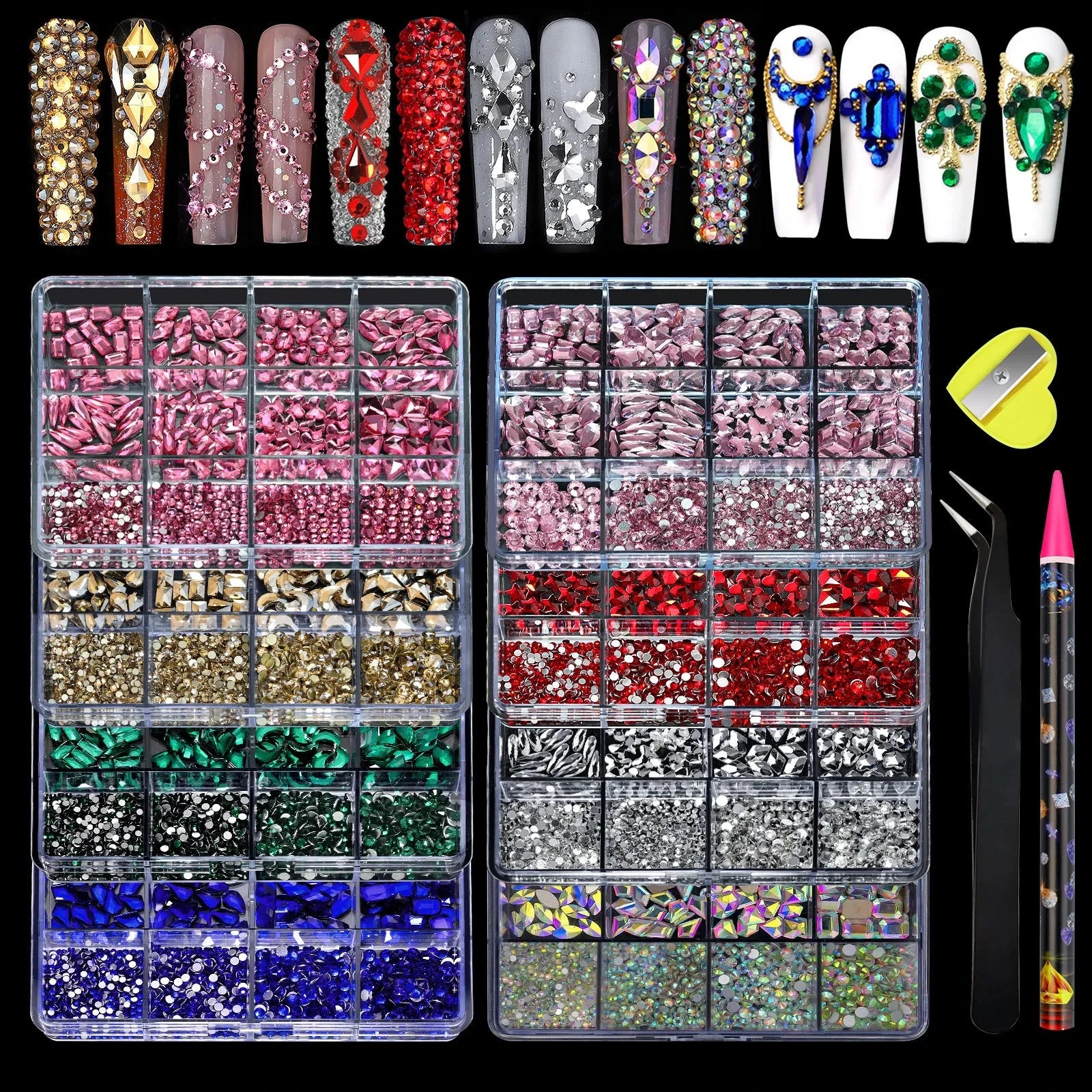 12 Grid Diamond Jewelry Set for Nail Art Decorations Nail Ab Flat Bottom Drill Nail Art Luxe Nail Shaped Diamond Illusion Color Econic Blanks