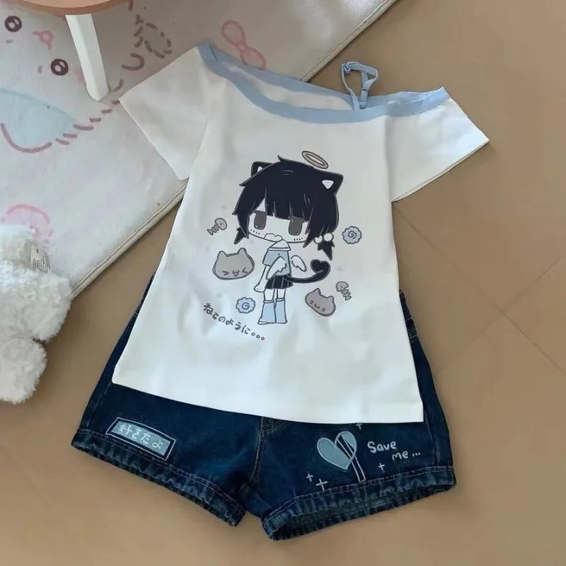 Japanese Y2K Print Skew Collar T-Shirts Summer Off Shoulder Short Sleeve Tee Shirt New Loose All-Match Top for Women Quick Pick Grocers