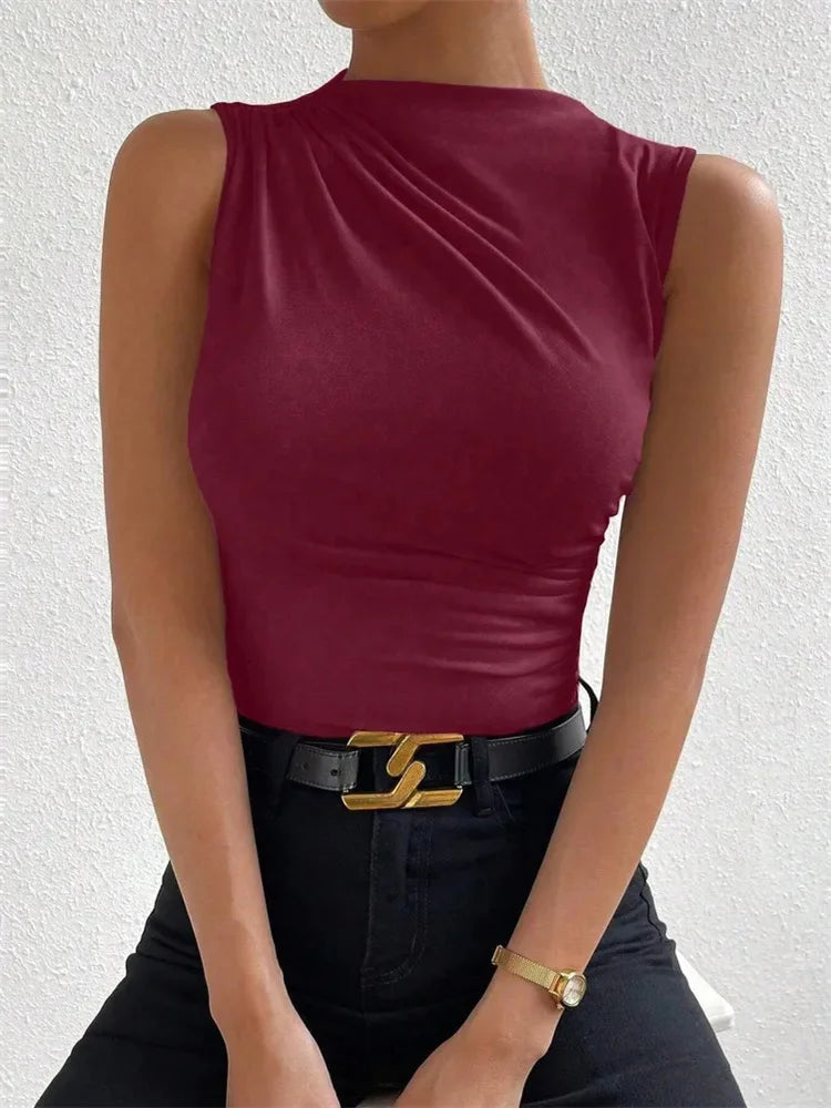 Women's Casual Mock Neck Ruched Tank Top Summer 2024 Solid Color Slim Fit Pleated Sleeveless T Shirt Tee Tshirt Streetwear Quick Pick Grocers