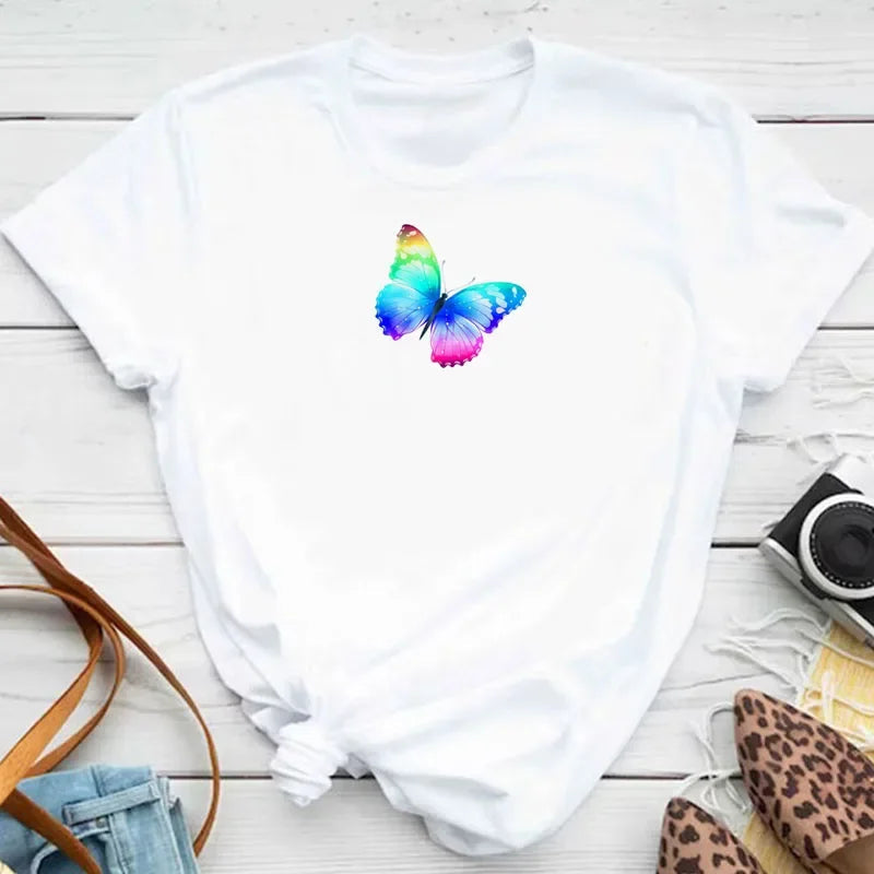 New Fashion Women T-shirt Colorful Butterfly Petal Print Short Sleeve and Round Neck Cute Graphic Tee Shirts Female Tops Clothin Quick Pick Grocers