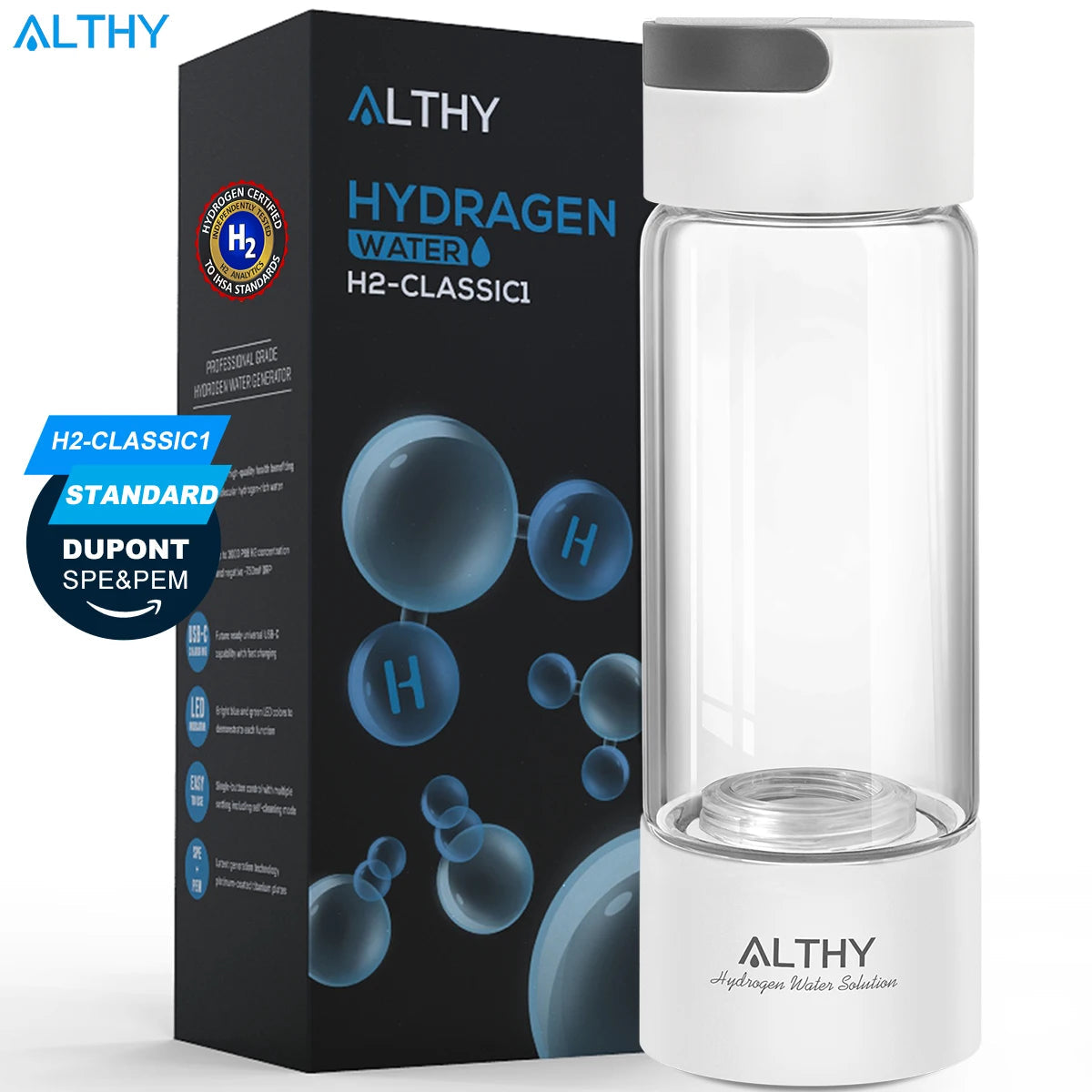 ALTHY Hydrogen Rich Water Generator Bottle - Glass Cupbody - DuPont SPE & PEM Dual Chamber Maker Ionizer - H2 Inhalation Device Quick Pick Grocers