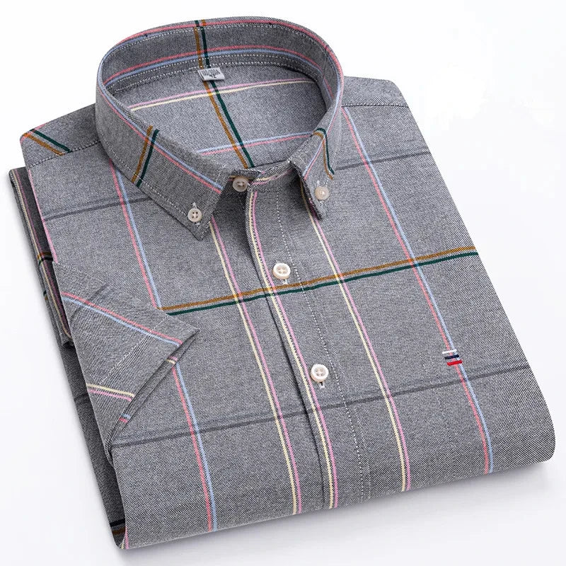 Men's high-quality Oxford cotton short sleeved shirt for summer comfort breathable classic solid color plaid business leisure Quick Pick Grocers