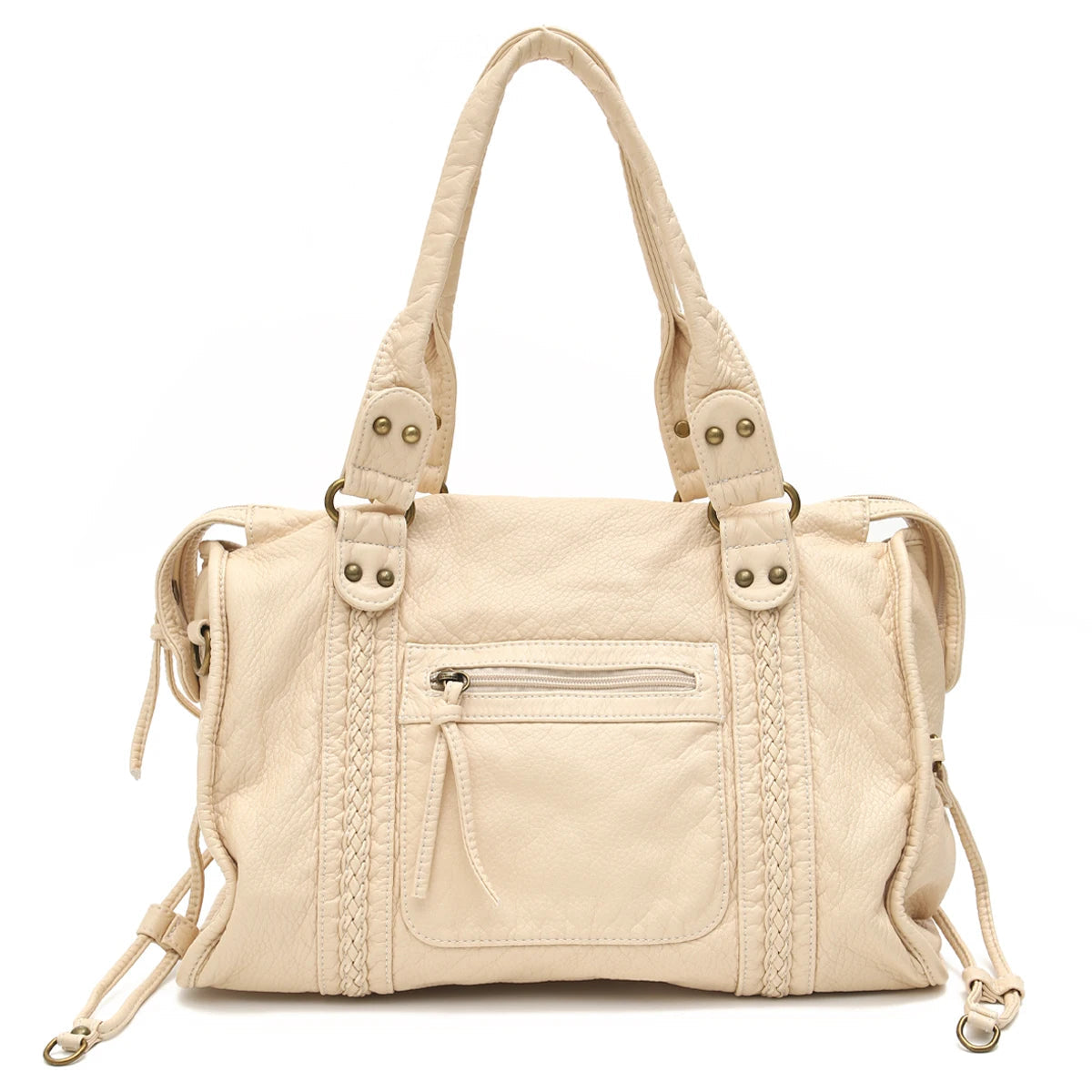 Vintage Washed PU Leather Large Capacity Tote Zip Pockets Braid Decor Shoulder Cross body Bag Unisex Women Daily Travel Handbag Quick Pick Grocers