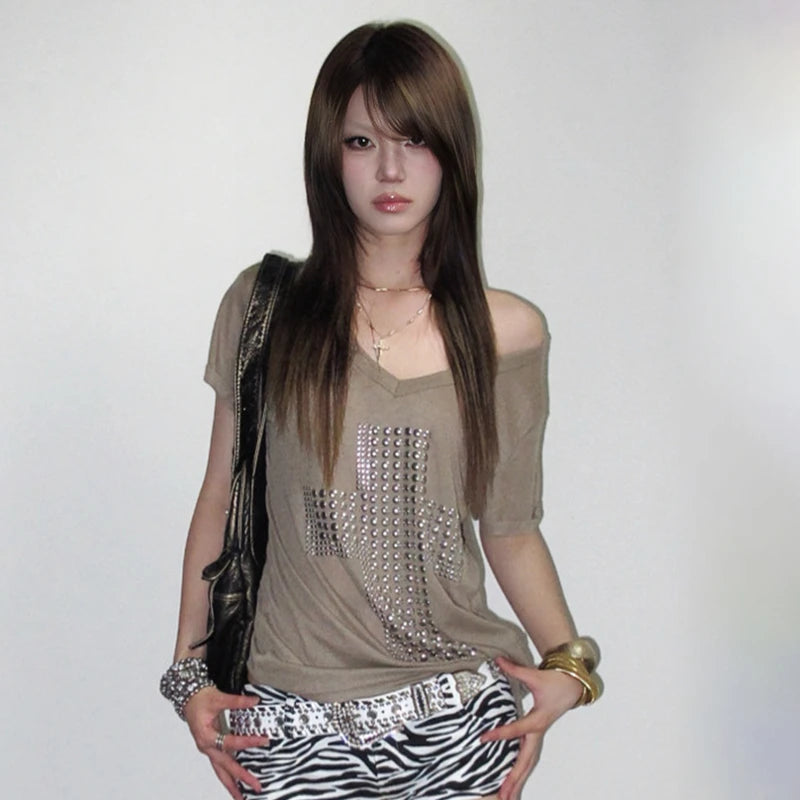 Karrram Japanese Y2k Metal Cross Print T-shirt Trashy 2000s V-neck Sheer Tops Vintage Harajuku Short Sleeve Streetwear Grunge Quick Pick Grocers