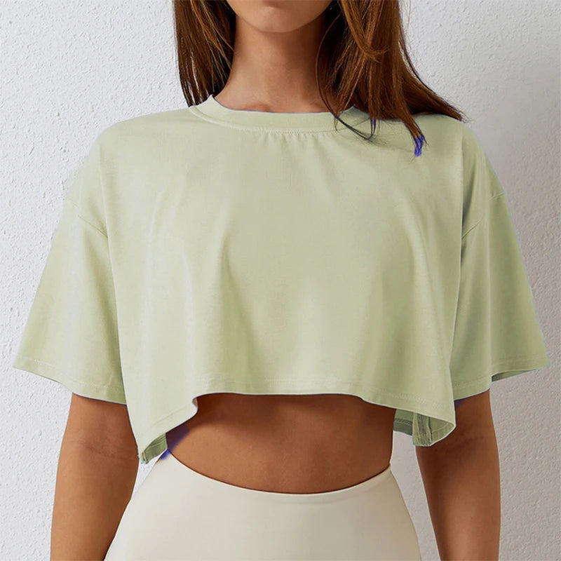 Cotton Women Short Sleeve Dance Running Clothes Yoga Fitness Crop Top  Navel Baring New Sport T-shirt Loose Gym Workout Shirts Quick Pick Grocers