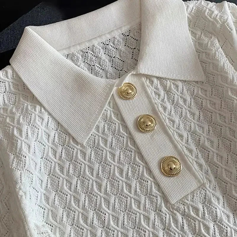 Ice Silk Polo Shirt Knitted Short Sleeve T-Shirt Summer Chic Thin Unique Jacquard Women Tops 2026 Korean Style Women’s Clothing Quick Pick Grocers