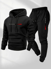 PARIS Letter Print Sweatshirt Suit Men's Fleece Hoodie Pants Set Spring Autumn Winter Warm Casual Sports Pullover Trousers Sets Quick Pick Grocers
