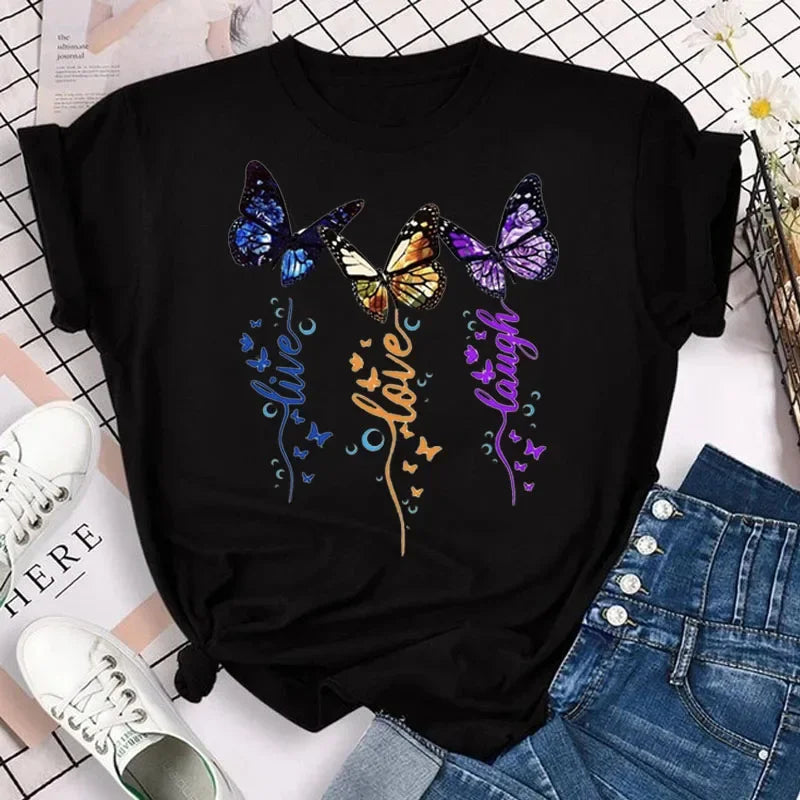 New Fashion Women T-shirt Colorful Butterfly Petal Print Short Sleeve and Round Neck Cute Graphic Tee Shirts Female Tops Clothin Quick Pick Grocers