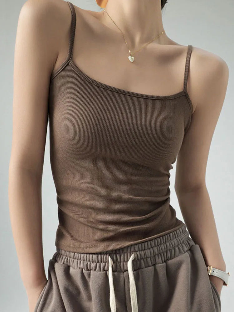 Women's Summer Basic Sleeveless Tank Top Spaghetti Strap Slim Fit Stretch Knitted Solid Color Camisole Quick Pick Grocers