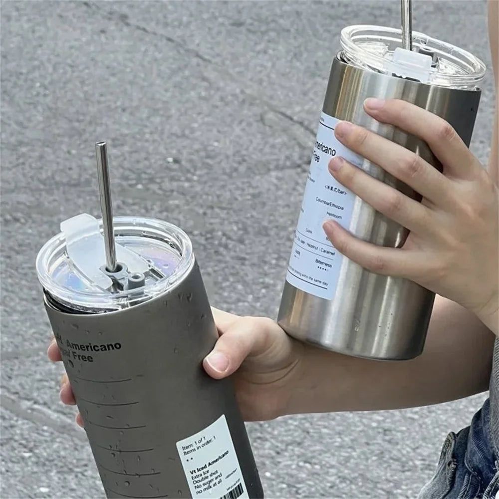 Portable 600ml Thermos Cup 304 Stainless Steel Coffee Mug Thermal Leak-proof Water Bottle with Straw Insulated Bottle Drinkware Quick Pick Grocers