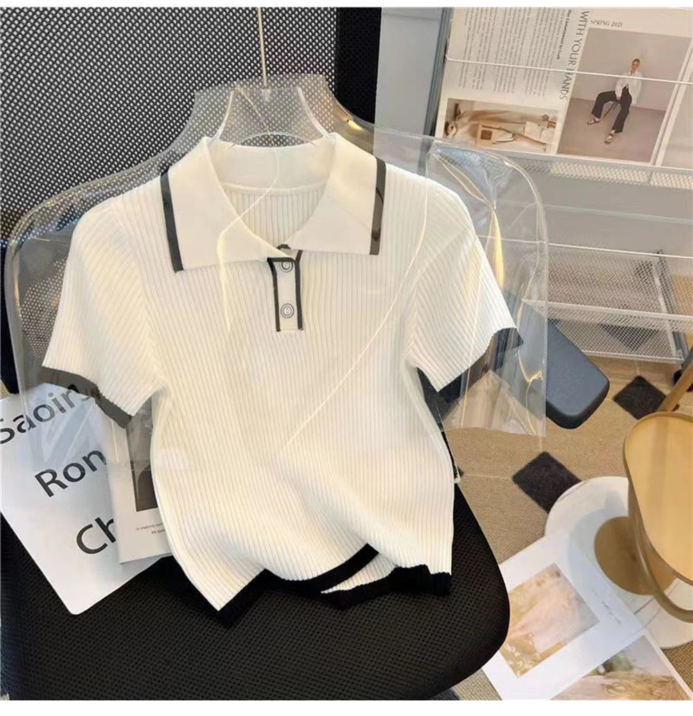 Ice silk knitted short sleeved T-shirt for women's summer 2024 new fashionable and stylish polo shirt top Quick Pick Grocers