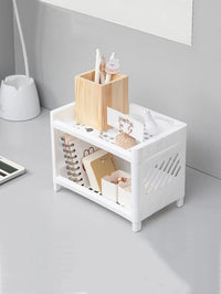 1PC PP Desktop Double Layer Storage Rack Rectangular White Organizing Student Desk Office Cosmetics Stationery Econic Blanks
