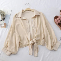 Casual Loose Hollow White Clothes Elegant Solid Color Tied Waist Blouse Women Summer Bat Half Sleeve Button Chiffon Shirt Quick Pick Grocers