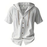 Cotton Linen Shirt for Men Hooded Short Sleeve Solid Color Breathable Lightweight Drawstring Design Shirts Casual Basic Tees Quick Pick Grocers
