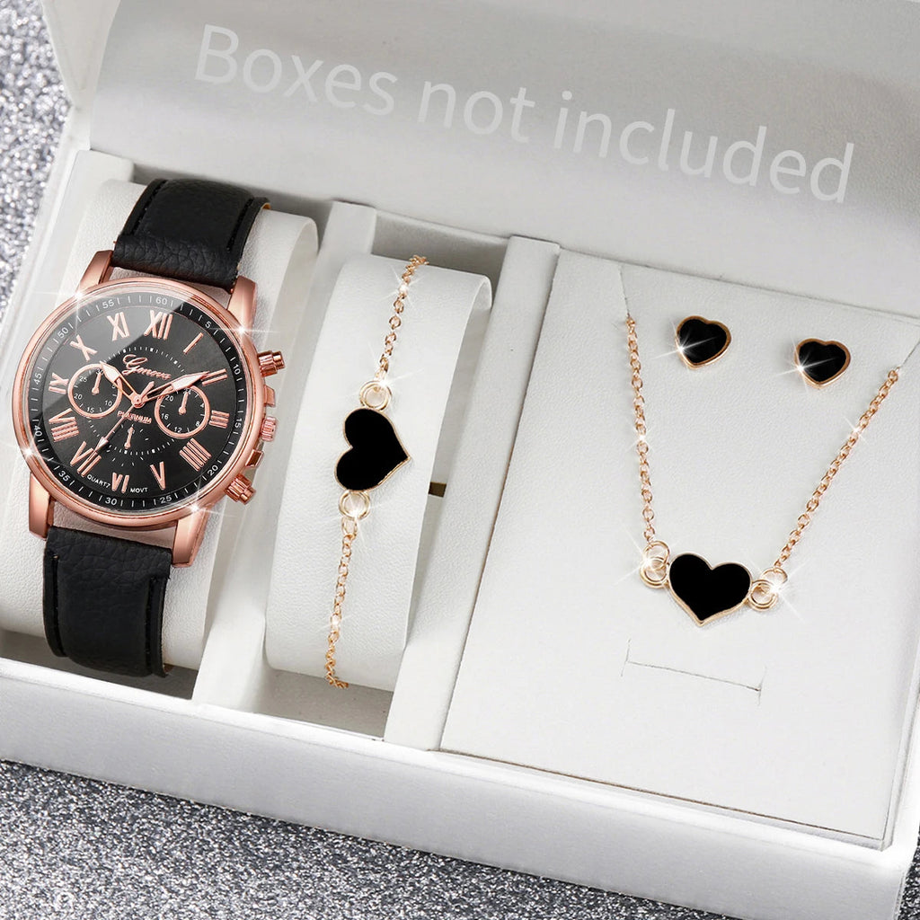 5/6PCS Fashion Women's Quartz Watch Leather Band Analog Wrist Watches Heart Rhinestone Jewelry Set(Without Box) Quick Pick Grocers