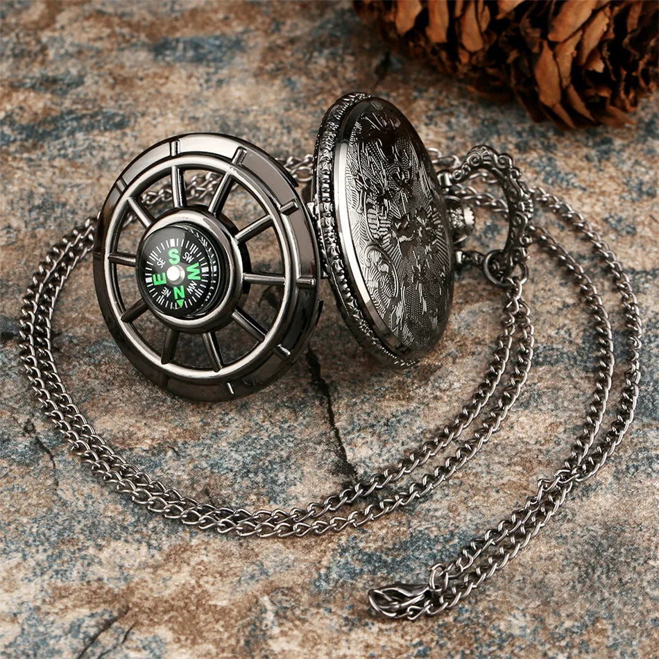 Vintage Black Compass Design Quartz Pocket Watch, With Necklace Pendant, World-Time Feature, Pointer Display Pocket Watch Quick Pick Grocers