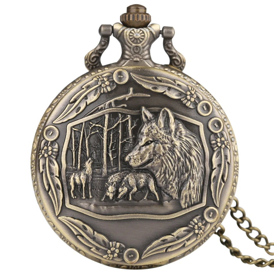 Vintage Bronze Wolf Animal Head Relief Quartz Pocket Watch with Necklace Chain Pendant Great Gift for Men's Kids Clock Watch Quick Pick Grocers