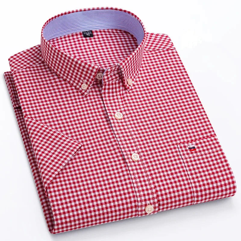 Men's high-quality Oxford cotton short sleeved shirt for summer comfort breathable classic solid color plaid business leisure Quick Pick Grocers