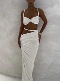 kliou Woven Sexy Women 2 Piece Set Stunning Hot Solid Pleated Crop Camisoles+High Waist Maxi Skirts Female Trend Vacation Outfit Quick Pick Grocers