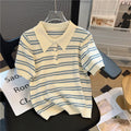 2025 Polo Neck New Womens Knitting T-Shirt Striped Short Sleeve Women T Shirt for Female Slim Tops Woman T Shirts Clothing S145 Quick Pick Grocers