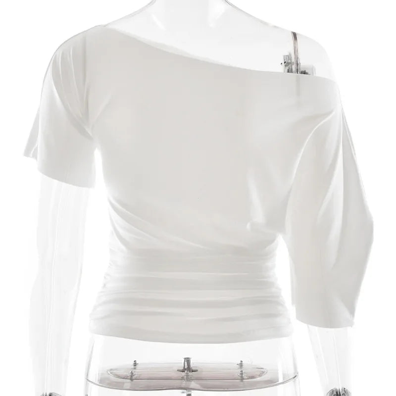Off Shoulder Ruched Crop Top Women Basics Solid Color Skew Collar Short Sleeve T-shirts Summer Casual Streetwear Tees Quick Pick Grocers