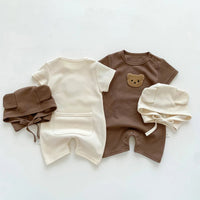 New In Summer Kids Baby Girls Boys Short Sleeve Waffle Patch Bear Infant Newborn Jumpsuits Cotton Romper Gift Hat with Ear Econic Blanks