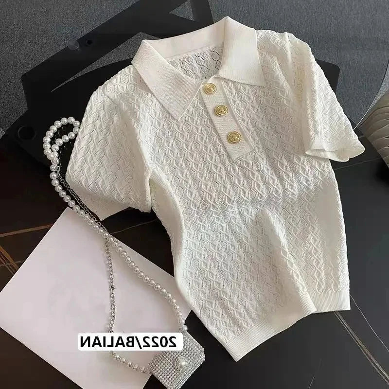 Ice Silk Polo Shirt Knitted Short Sleeve T-Shirt Summer Chic Thin Unique Jacquard Women Tops 2026 Korean Style Women’s Clothing Quick Pick Grocers