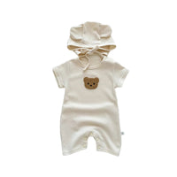 New In Summer Kids Baby Girls Boys Short Sleeve Waffle Patch Bear Infant Newborn Jumpsuits Cotton Romper Gift Hat with Ear Econic Blanks