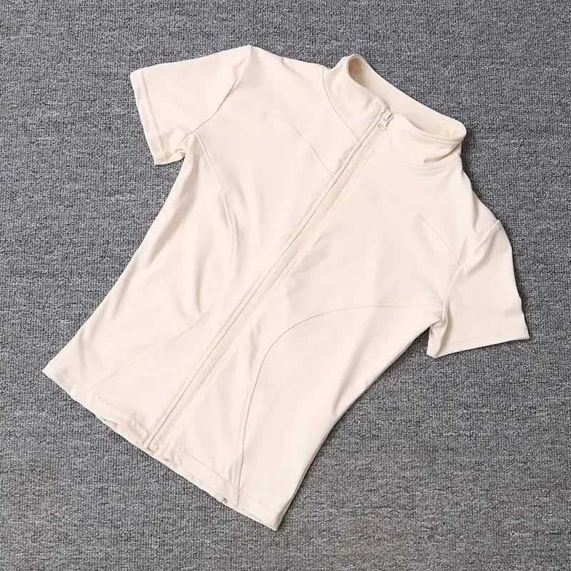Summer High Quality Waist Slimming Training Tops Women's Quick-drying Tight Stand Collar Full Zipper Short Sleeves Yoga shirts Quick Pick Grocers