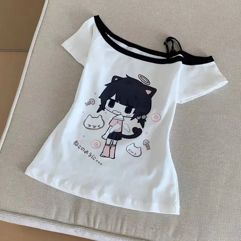 Japanese Y2K Print Skew Collar T-Shirts Summer Off Shoulder Short Sleeve Tee Shirt New Loose All-Match Top for Women Quick Pick Grocers