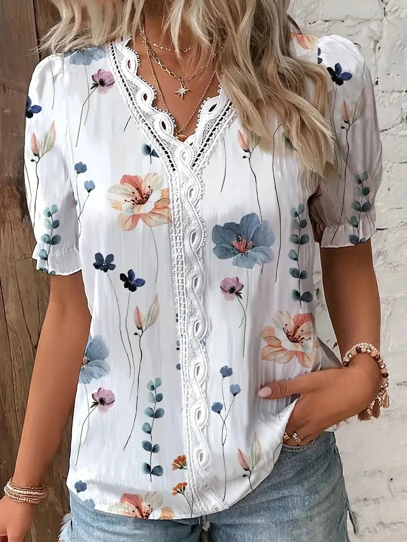 2024 Fashion Casual Vacation Shirt Women Summer V Neck Hollow Out Solid Color Blouse Female Elegant Striped Jacquard Casual Tops Quick Pick Grocers
