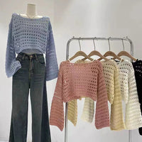 Long Sleeve Crochet Knit Top Summer Beach Bikini Cover Up Crop Pullover Wool Knitwear Blouse Women Vacation Boho Outfit Quick Pick Grocers