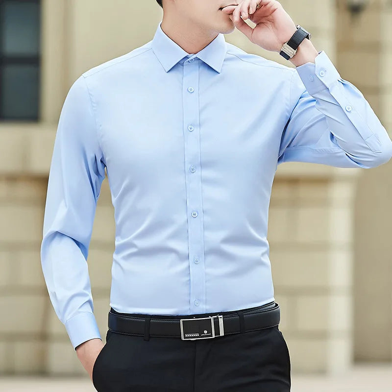 New Plus Size Men Solid Color Business Shirt Fashion Classic Basic Casual Slim White Long Sleeve Shirt Brand Clothes Quick Pick Grocers