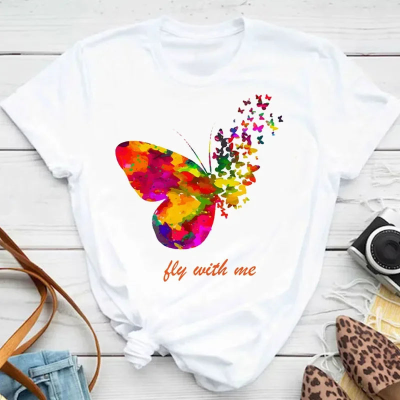 New Fashion Women T-shirt Colorful Butterfly Petal Print Short Sleeve and Round Neck Cute Graphic Tee Shirts Female Tops Clothin Quick Pick Grocers
