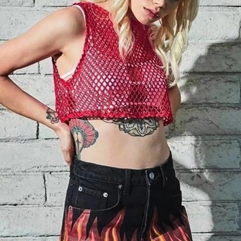 Sexy Black/Red Hollow Out Crop Top 2023 Mesh T-shirt Female Loose Fashion Summer Basic Tops For Women Fishnet Shirt Quick Pick Grocers