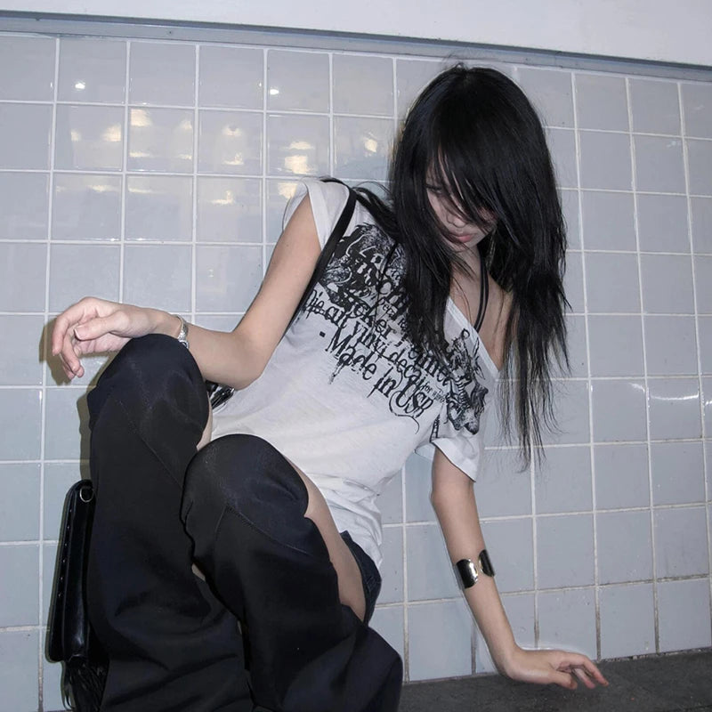 Karrram Japanese Y2k Letter Print T-shirt Trashy 2000s Style Tattoo T Shirt Vintage Harajuku Short Sleeve Sheer Tops Grunge Goth Quick Pick Grocers