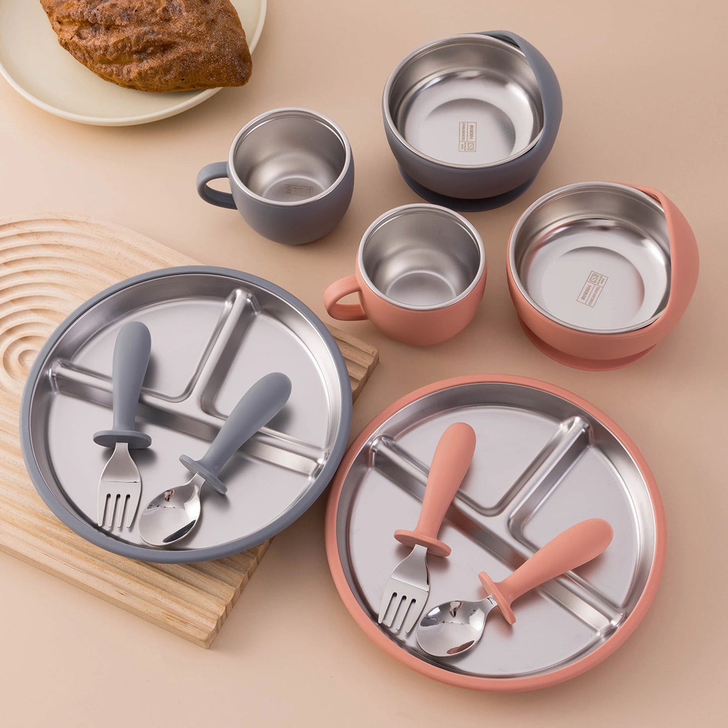 5PCS Stainless Steel Dishes Plate Baby Feeding Set With Detachable Silicone Sucker Bowl BPA Free Infant Fork Spoon Cup Gifts Purest Peak